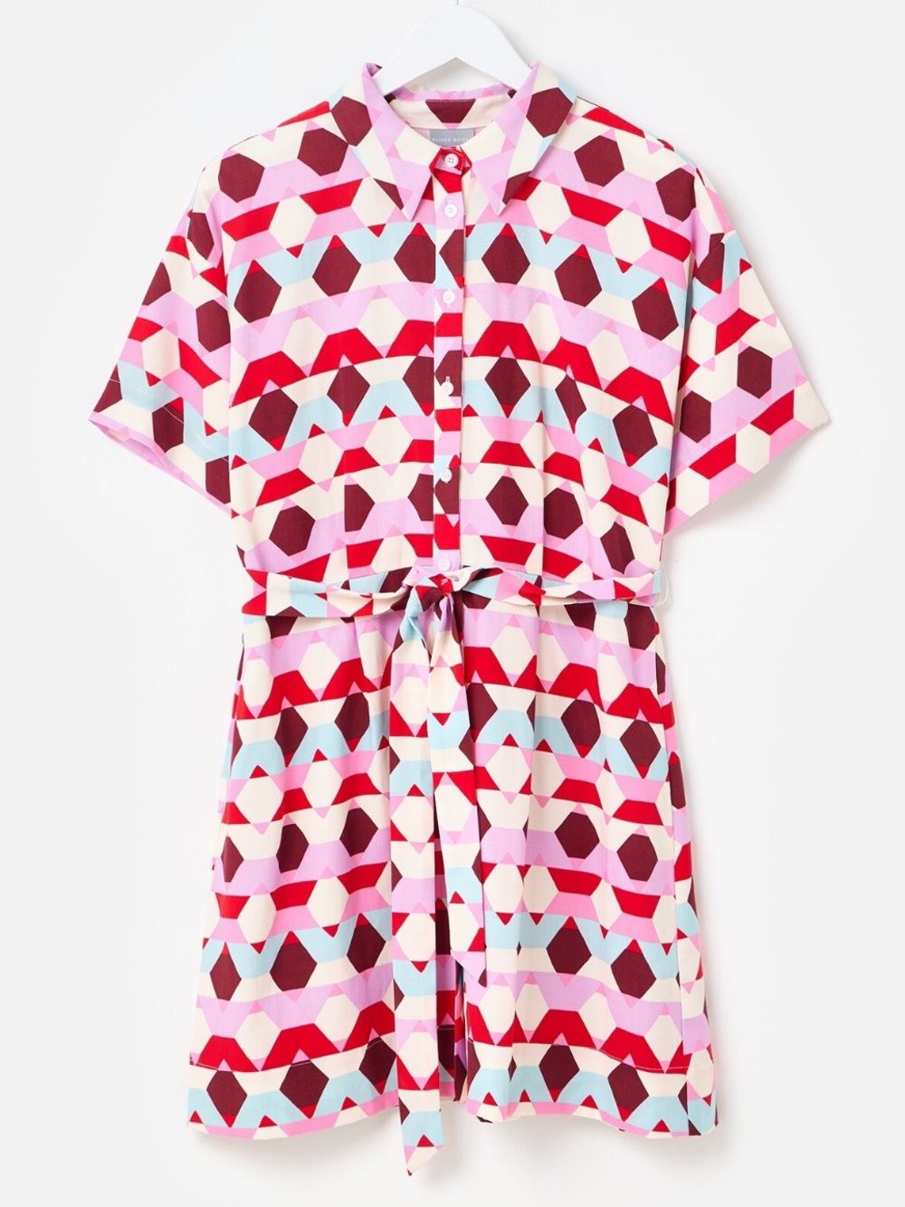 Oliver Bonas Red and Blue Geometric Mini Shirt Dress. Size 4